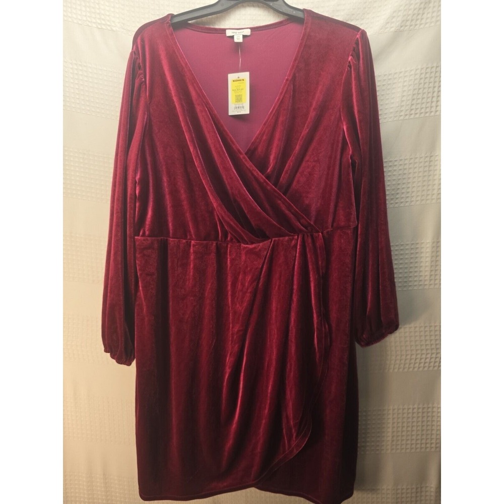 Nine West Red Berry Crushed Velvet Faux Wrap Mini Dress 2X 5629